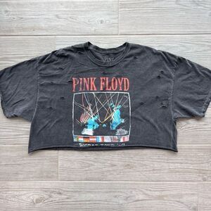 Urban O Pink Floyd Black Cotton Distressed Raw Hem Short Sleeve Crop Top Size S/
